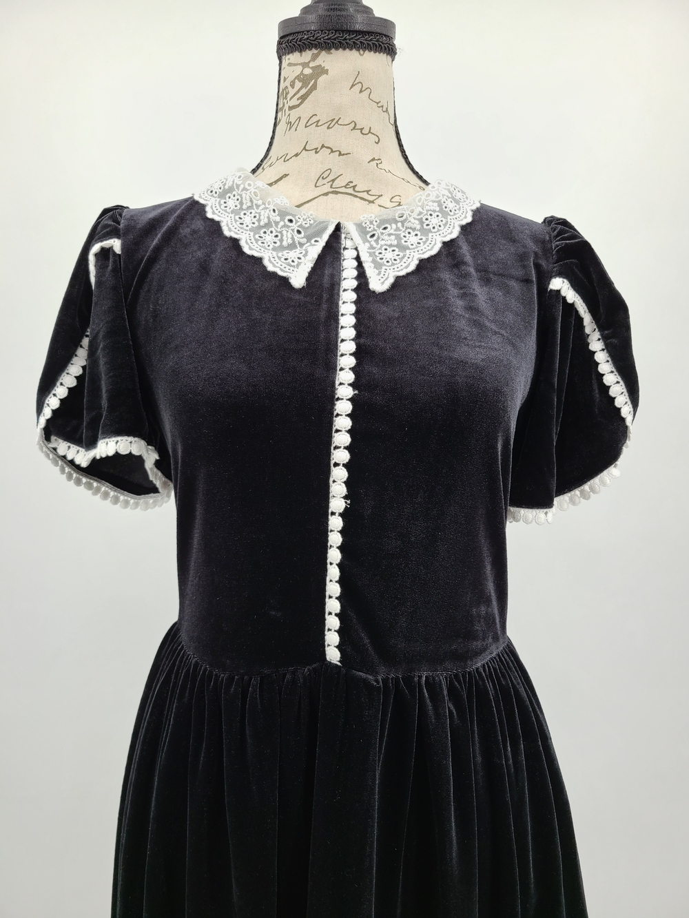 Modcloth Black Velvet Midi Dress with White Lace Trim Size 16 - Picture 5 of 14